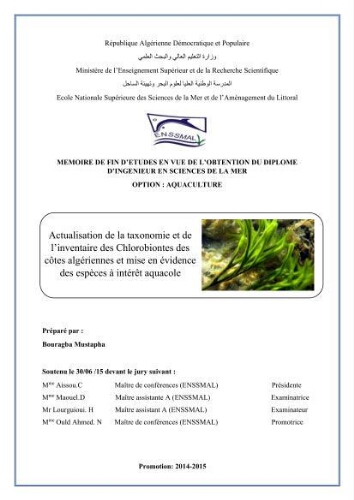 Actualisation de la taxonomie et de l'inventaire des chlorobiontes des côtes Algériennes et mise en évidence des espèces aquacole: