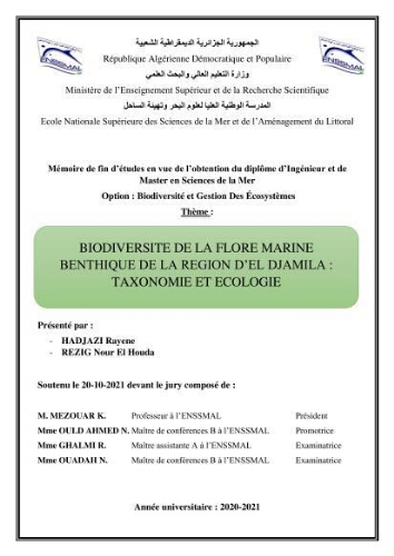 Biodiversité  de la flore  marine  benthique de la region d'El Djamila taxonomie et ecologie