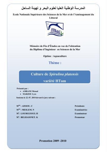 Culture de Spirulina platensis variété HTam: