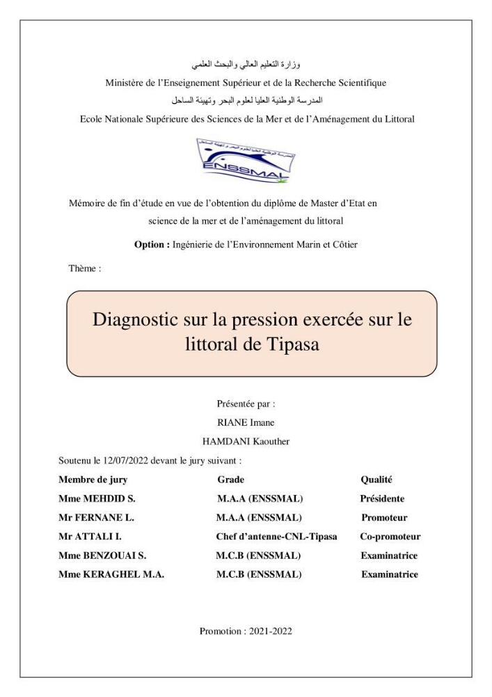 Diagnostic sur la pression exercée sur le littoral de Tipasa
