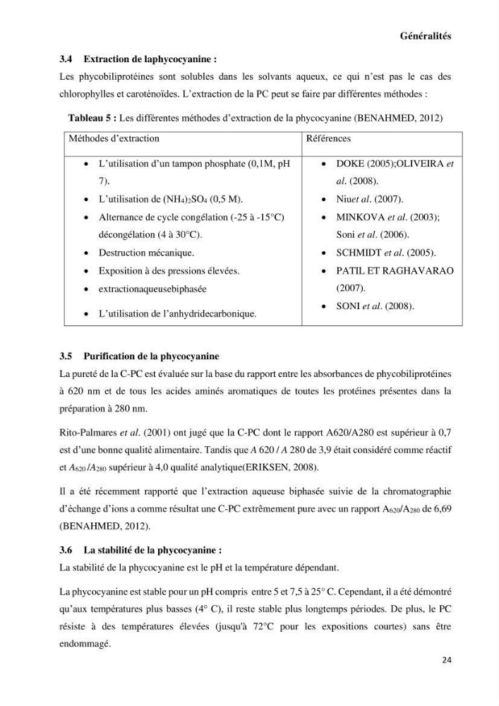 Extraction et purification de la phycocyanine à partir d’une microalgue *spiruline*caux possibilites cosmetiques.: