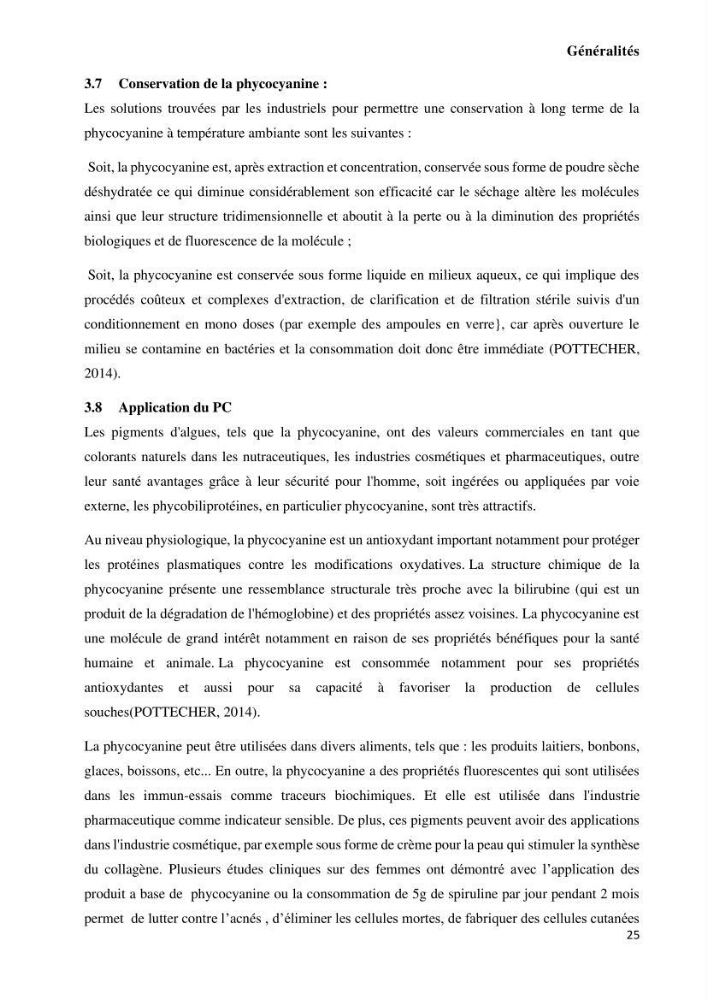 Extraction et purification de la phycocyanine à partir d’une microalgue *spiruline*caux possibilites cosmetiques.: