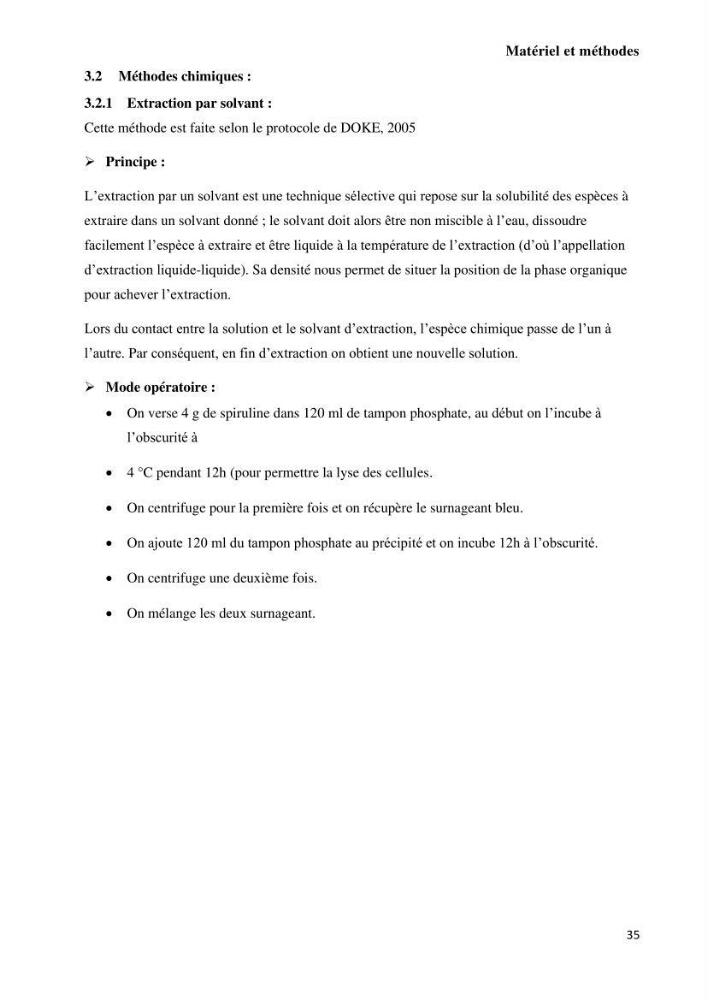 Extraction et purification de la phycocyanine à partir d’une microalgue *spiruline*caux possibilites cosmetiques.: