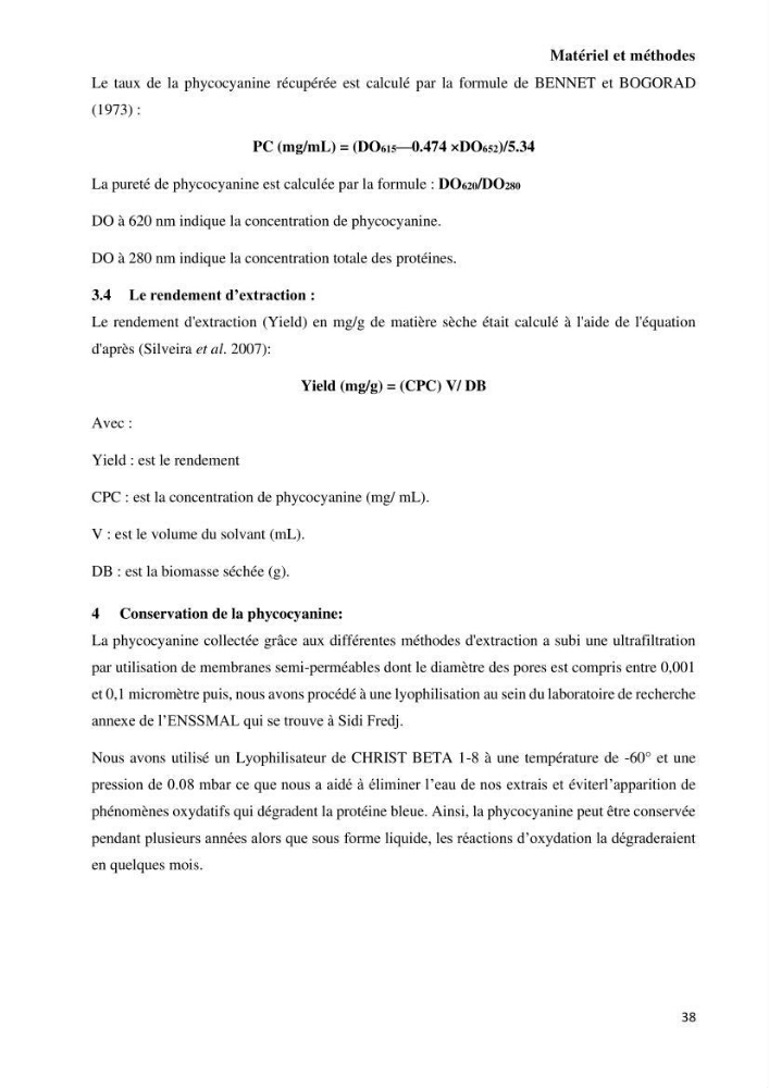 Extraction et purification de la phycocyanine à partir d’une microalgue *spiruline*caux possibilites cosmetiques.: