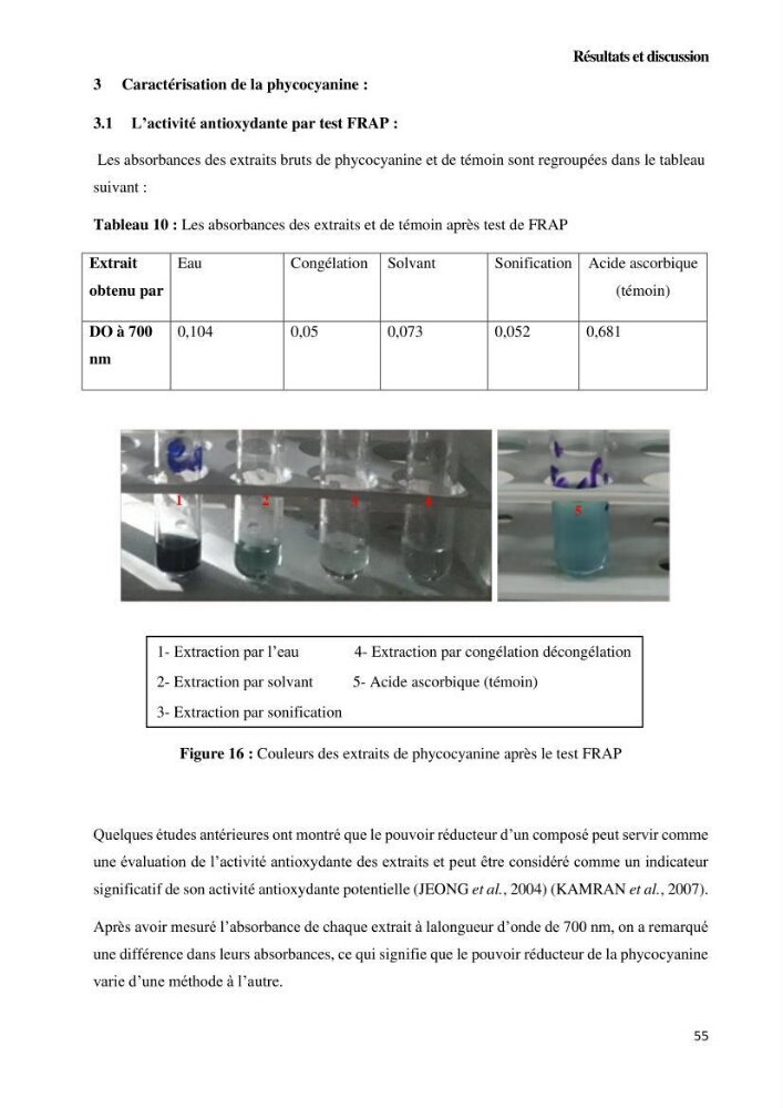 Extraction et purification de la phycocyanine à partir d’une microalgue *spiruline*caux possibilites cosmetiques.:
