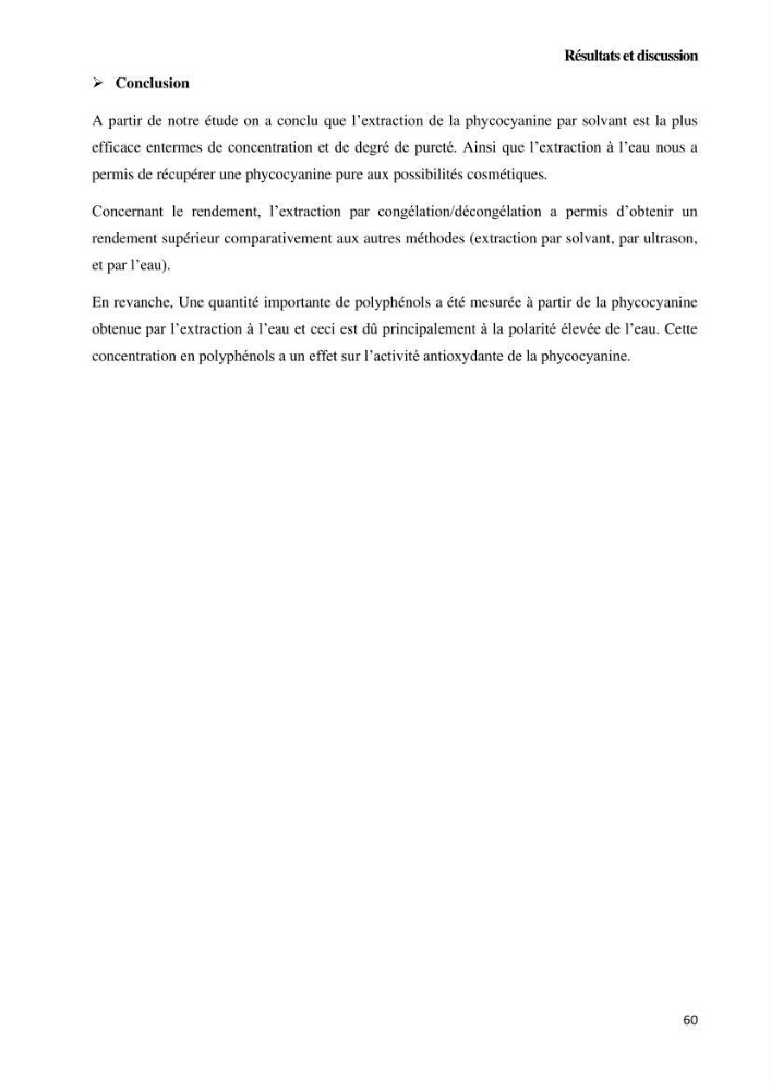 Extraction et purification de la phycocyanine à partir d’une microalgue *spiruline*caux possibilites cosmetiques.: