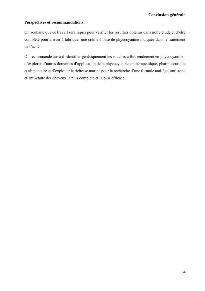 Extraction et purification de la phycocyanine à partir d’une microalgue *spiruline*caux possibilites cosmetiques.: