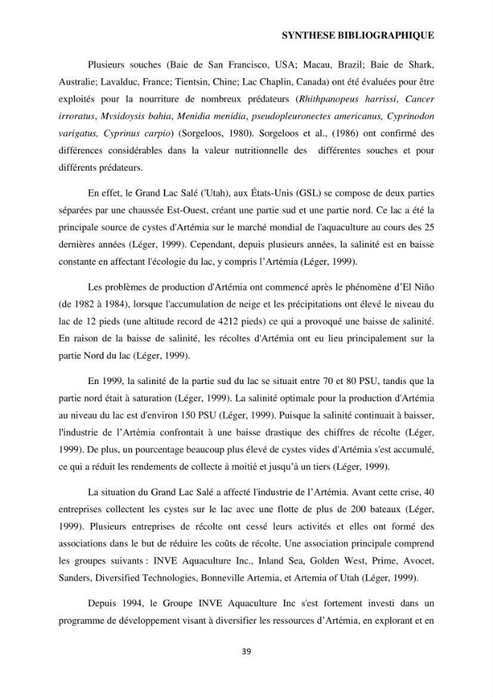 Evaluation des ressources d’artémie (Branchiopode) dans la partie ouest et sud-ouest de l’Algérie, une ressource alimentaire pour les poissons d’élevage.