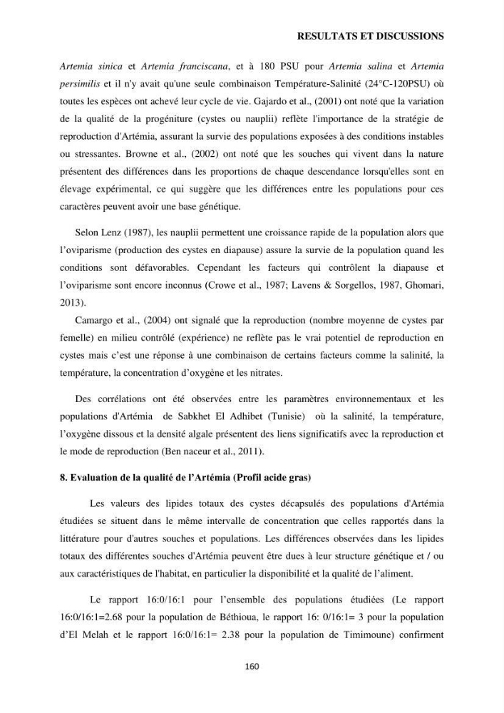 Evaluation des ressources d’artémie (Branchiopode) dans la partie ouest et sud-ouest de l’Algérie, une ressource alimentaire pour les poissons d’élevage.
