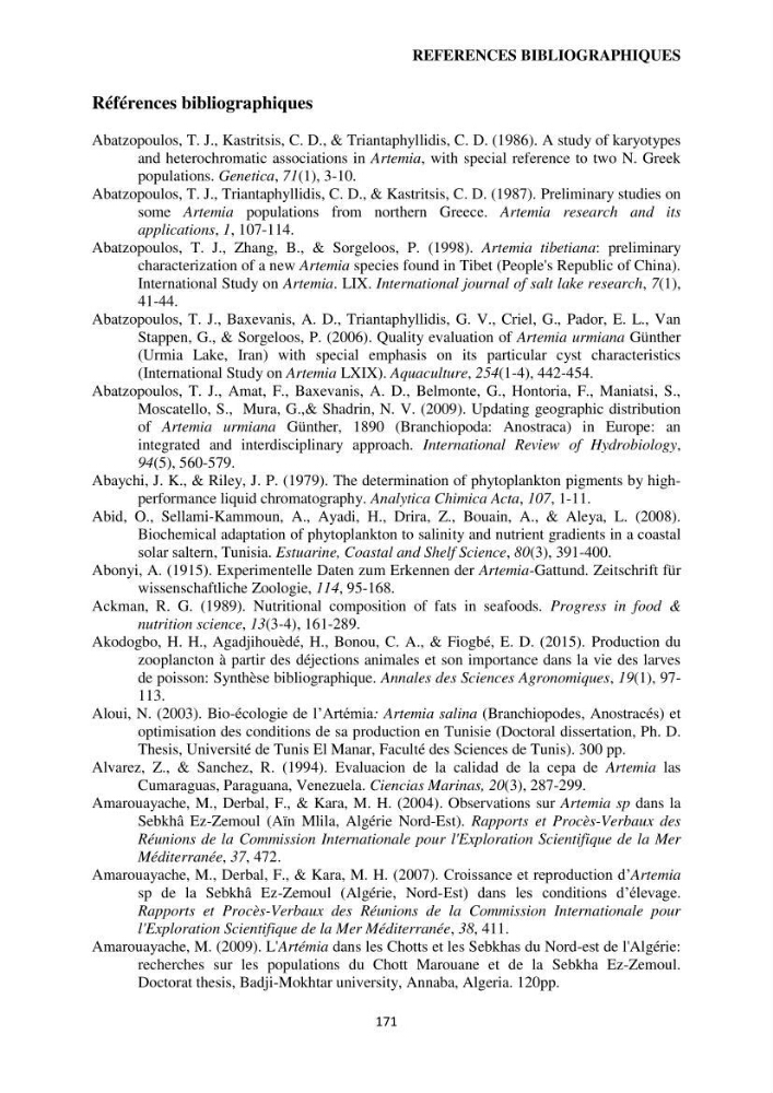 Evaluation des ressources d’artémie (Branchiopode) dans la partie ouest et sud-ouest de l’Algérie, une ressource alimentaire pour les poissons d’élevage.