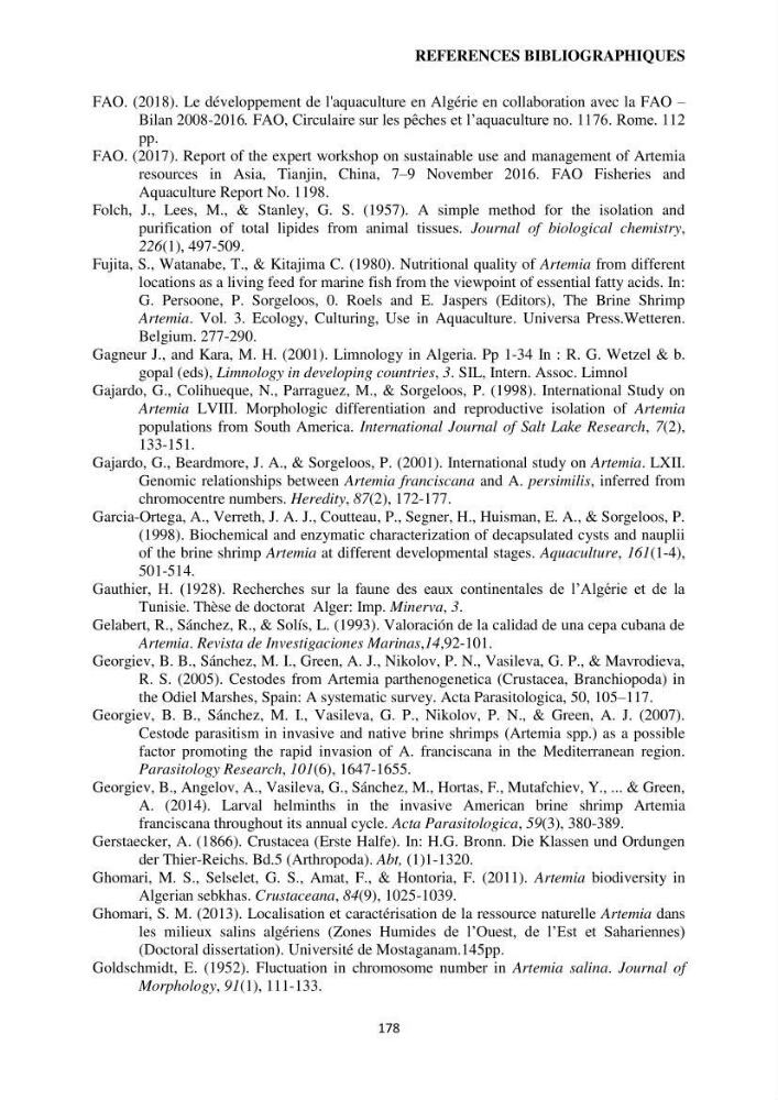 Evaluation des ressources d’artémie (Branchiopode) dans la partie ouest et sud-ouest de l’Algérie, une ressource alimentaire pour les poissons d’élevage.