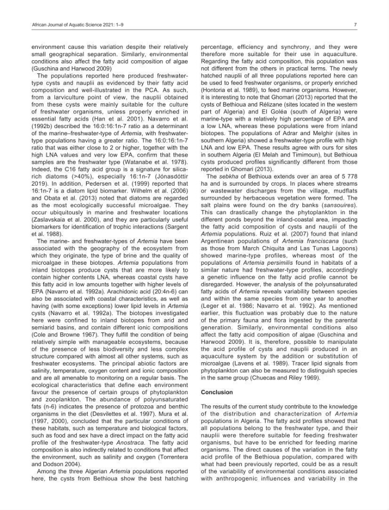 Evaluation des ressources d’artémie (Branchiopode) dans la partie ouest et sud-ouest de l’Algérie, une ressource alimentaire pour les poissons d’élevage.