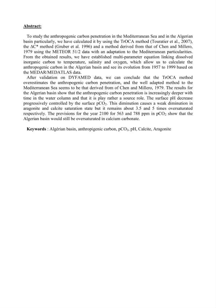 Contribution à l\'étude du cycle du carbone dans le bassin algérien