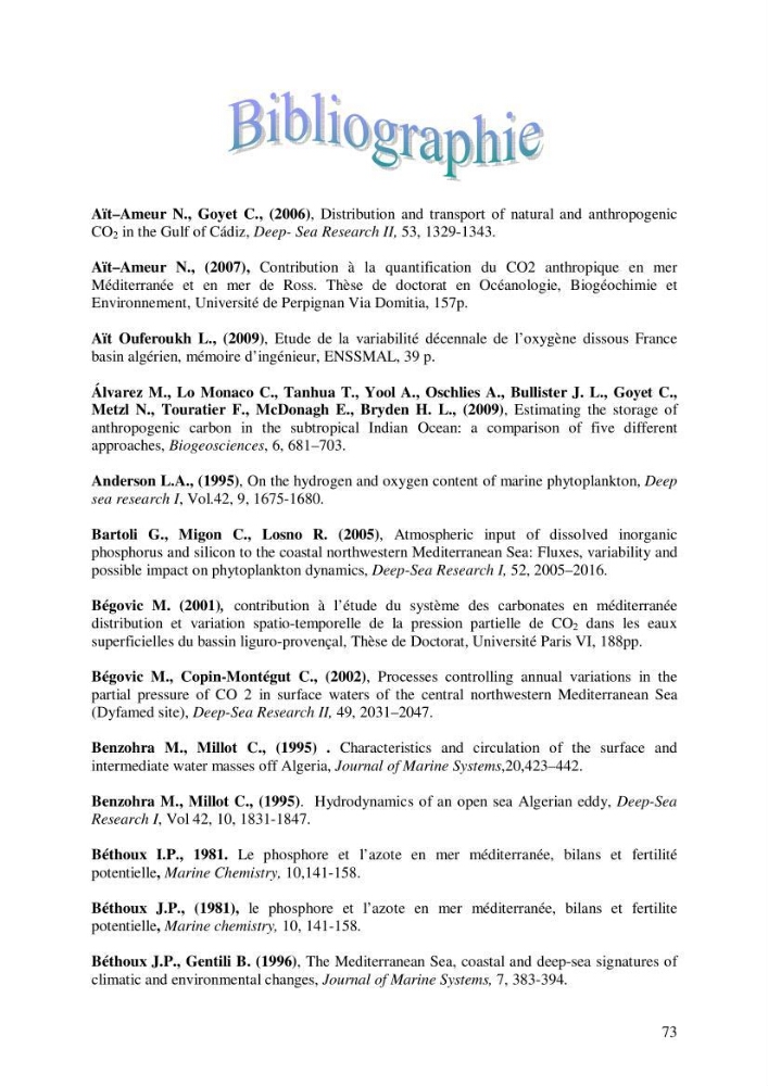 Contribution à l\'étude du cycle du carbone dans le bassin algérien