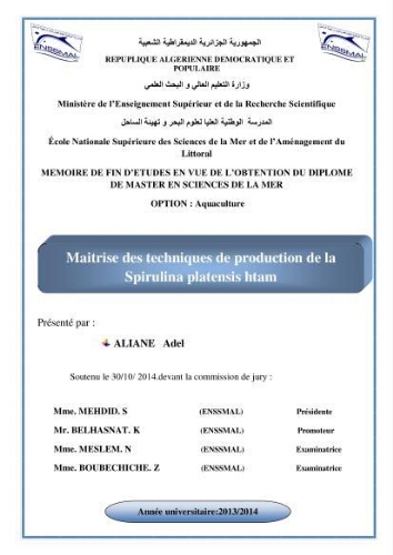 Maitrise des techniques de production de la spirulina platensis htam: Maitrise des techniques de production de la spirulina platensis htam:
