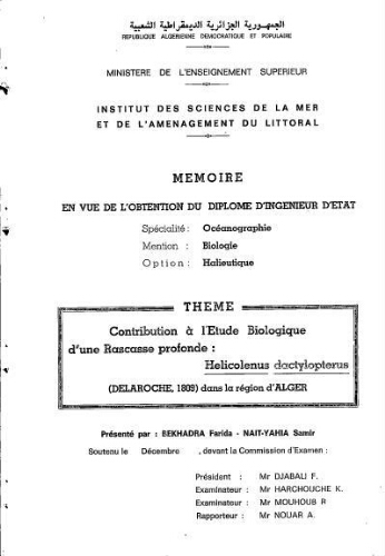 Contribution à l'étude biologique d'une rascasse profonde: helicolenus dactylopterus (Delaroche, 1809) dans la région d'Alger Contribution à l'étude biologique d'une rascasse profonde: helicolenus dactylopterus (Delaroche, 1809) dans la région d'Alger