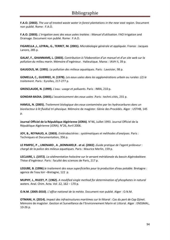 Contribution a L\'étude des parametres physico-chimique et bactériologiques du littoral de boudouaou el bahri pour la création d\'une station d\'une station d\'épuration