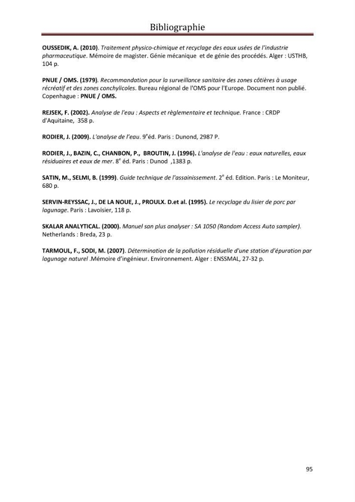 Contribution a L\'étude des parametres physico-chimique et bactériologiques du littoral de boudouaou el bahri pour la création d\'une station d\'une station d\'épuration
