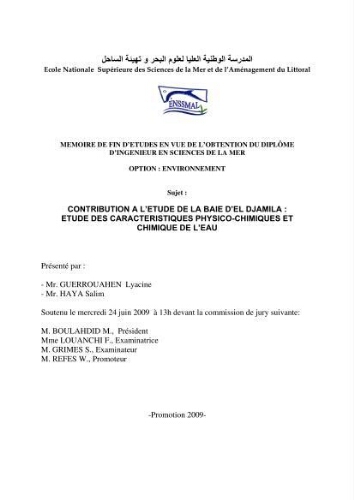 Contribution a l'étude de la baie d'El Djamila: étude des caractéristiques physico-chimiques et chimique de l'eau Contribution a l'étude de la baie d'El Djamila: étude des caractéristiques physico-chimiques et chimique de l'eau