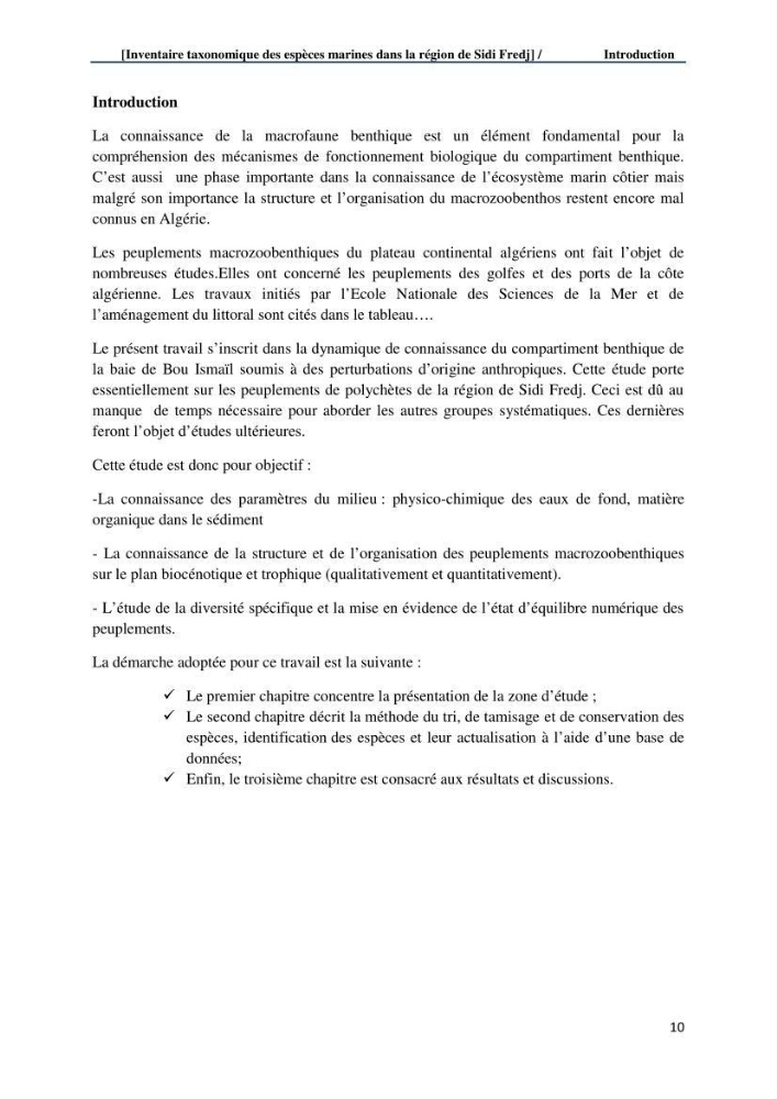 Inventaire taxonomique des espèces marines de la région du Sidi Fredj