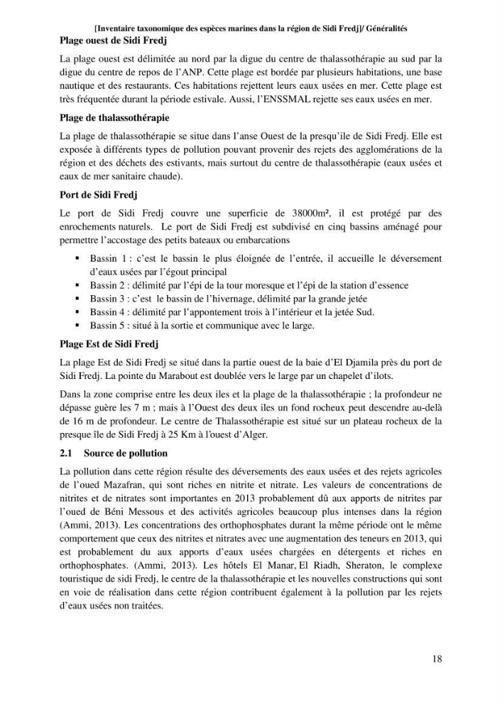 Inventaire taxonomique des espèces marines de la région du Sidi Fredj
