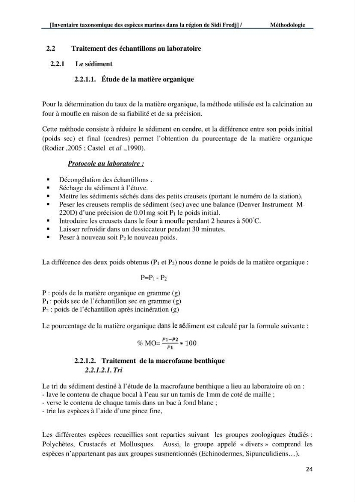 Inventaire taxonomique des espèces marines de la région du Sidi Fredj
