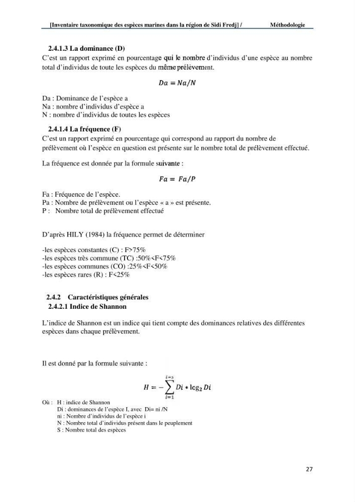 Inventaire taxonomique des espèces marines de la région du Sidi Fredj