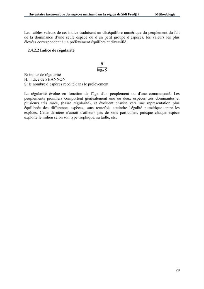 Inventaire taxonomique des espèces marines de la région du Sidi Fredj