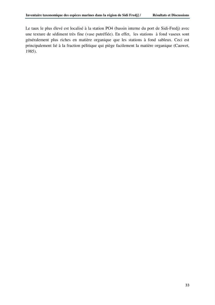 Inventaire taxonomique des espèces marines de la région du Sidi Fredj