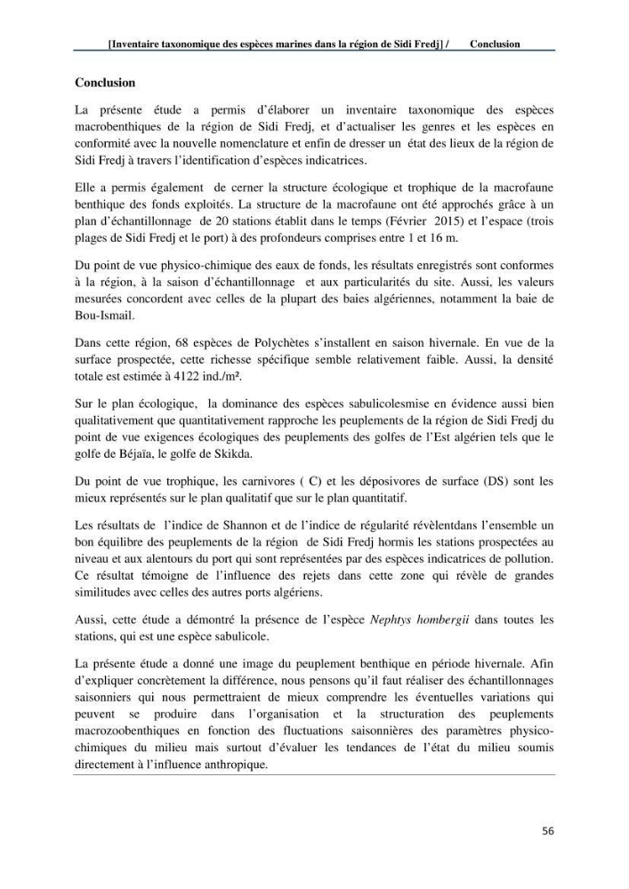 Inventaire taxonomique des espèces marines de la région du Sidi Fredj