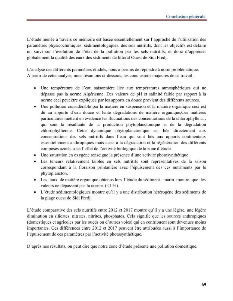 Les paramètres physico-chimiques de l\'eau de mer et de sédiment de la plage ouest de Sidi-Fredj