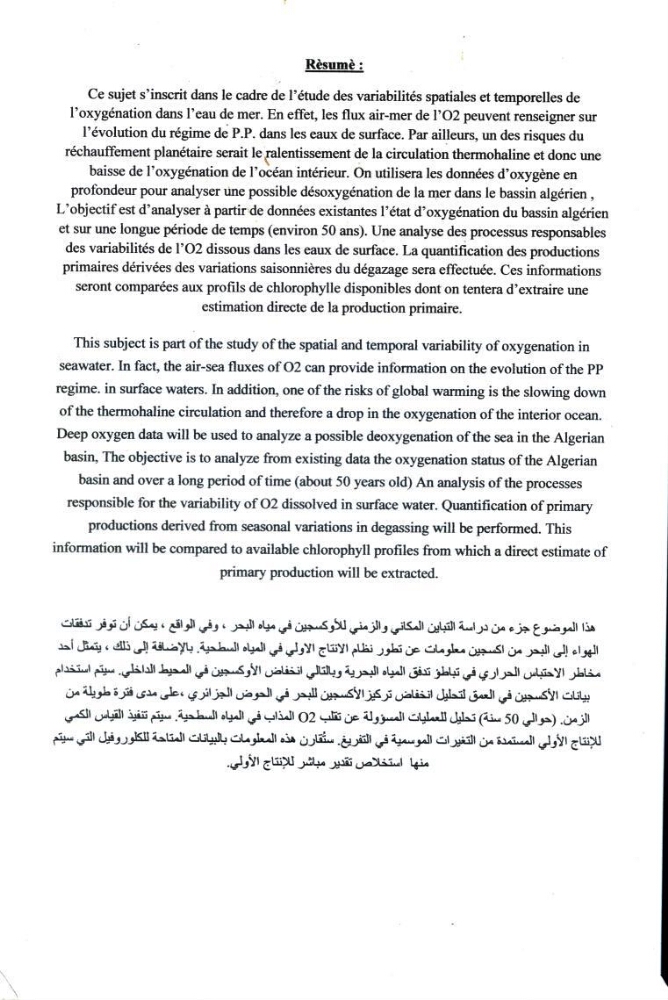 Etude de l\'oxygène dissous et du régime de production primaire dans le bassin Algérien de la méditérranée: