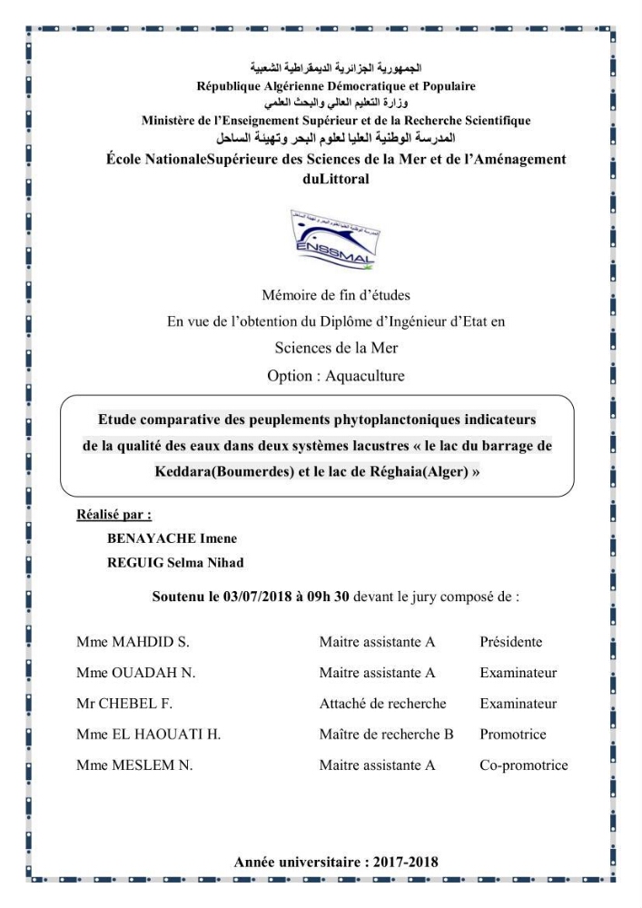 Etude comparative des peuplements phytoplanctoniques indicateurs de la qualité des eaux dans deux systèmes lacustres « le lac du barrage de Keddara(Boumerdes) et le lac de Réghaia(Alger) »