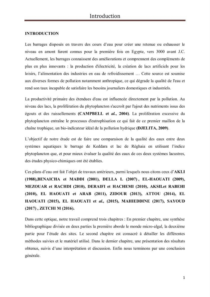 Etude comparative des peuplements phytoplanctoniques indicateurs de la qualité des eaux dans deux systèmes lacustres « le lac du barrage de Keddara(Boumerdes) et le lac de Réghaia(Alger) »