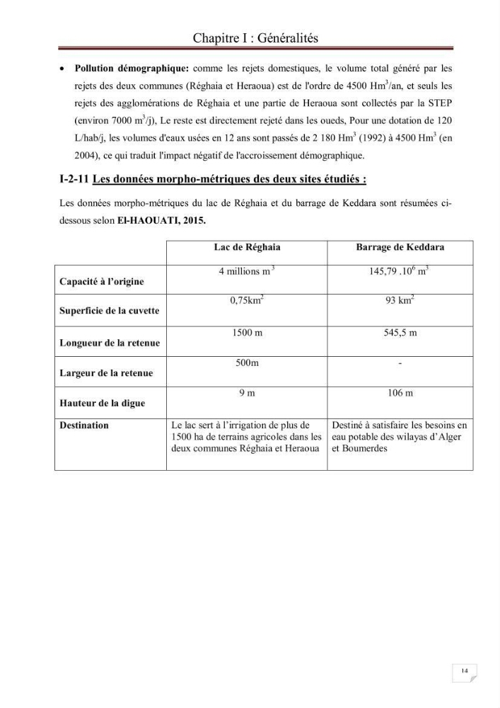 Etude comparative des peuplements phytoplanctoniques indicateurs de la qualité des eaux dans deux systèmes lacustres « le lac du barrage de Keddara(Boumerdes) et le lac de Réghaia(Alger) »