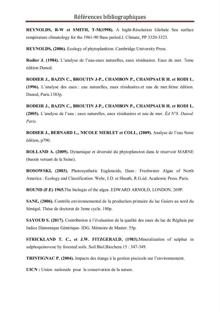 Etude comparative des peuplements phytoplanctoniques indicateurs de la qualité des eaux dans deux systèmes lacustres « le lac du barrage de Keddara(Boumerdes) et le lac de Réghaia(Alger) »