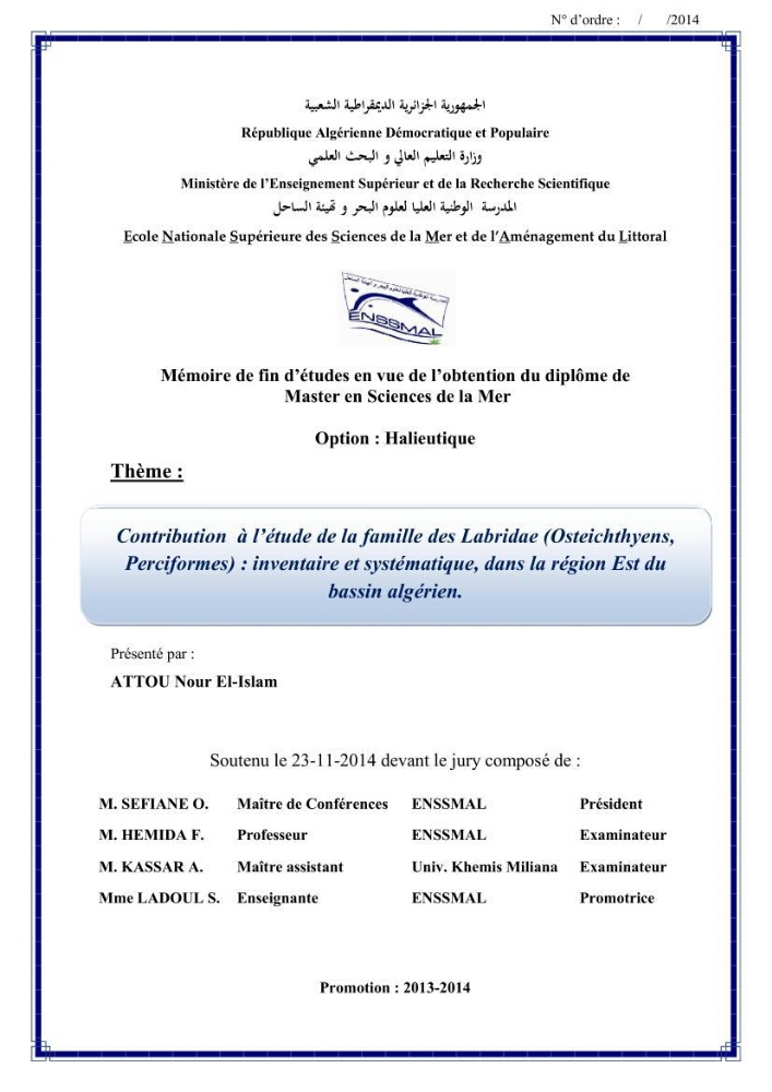 Contribution à l\'étude de la famille des labridae ( Osteichthyens, Perciformes):