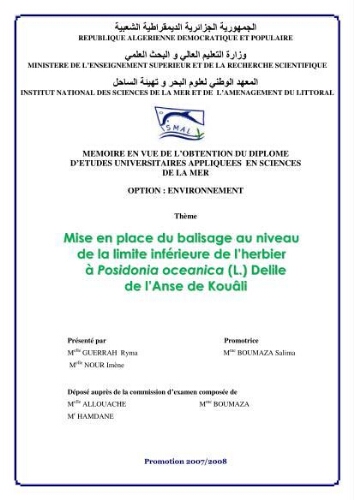 Mise en place du balisage au niveau de la limite inférieure de l'herbier à Posidonia oceanica (L) delile de l'anse de kouâli: Mise en place du balisage au niveau de la limite inférieure de l'herbier à Posidonia oceanica (L) delile de l'anse de kouâli: