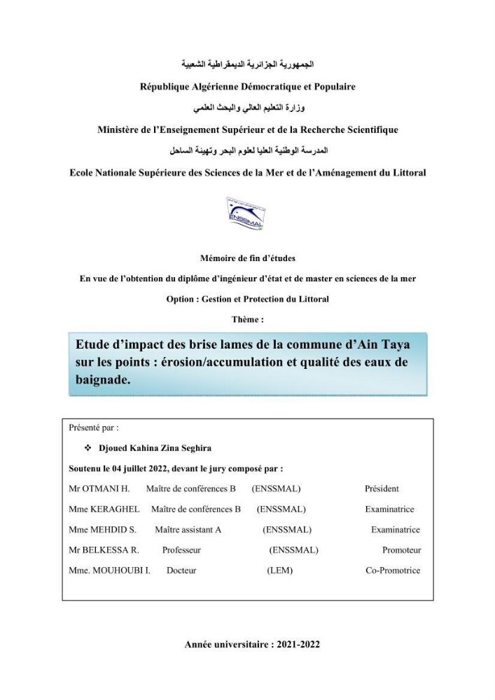 Etude d’impact des brise lames de la commune d’Ain Taya sur les points: érosion/accumulation et qualité des eaux de baignade