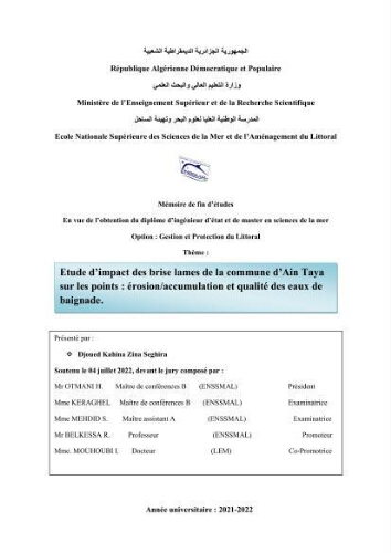 Etude d’impact des brise lames de la commune d’Ain Taya sur les points: érosion/accumulation et qualité des eaux de baignade Etude d’impact des brise lames de la commune d’Ain Taya sur les points: érosion/accumulation et qualité des eaux de baignade