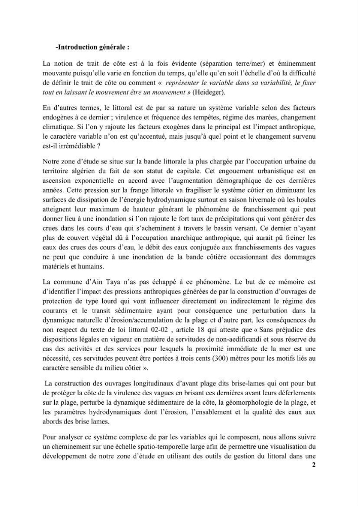 Etude d’impact des brise lames de la commune d’Ain Taya sur les points: érosion/accumulation et qualité des eaux de baignade