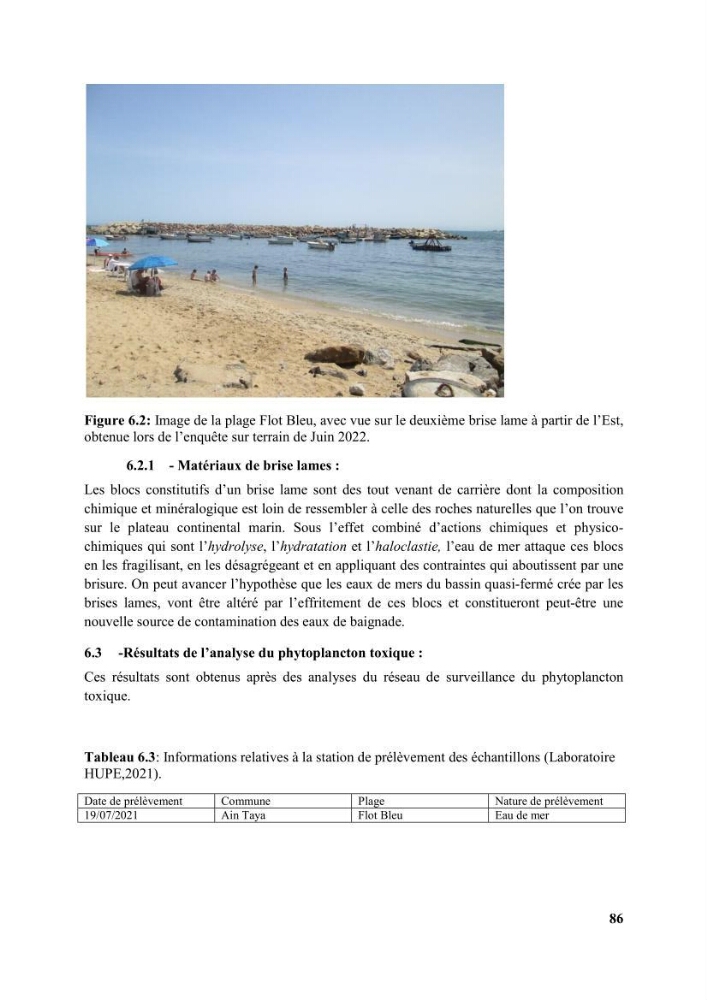 Etude d’impact des brise lames de la commune d’Ain Taya sur les points: érosion/accumulation et qualité des eaux de baignade