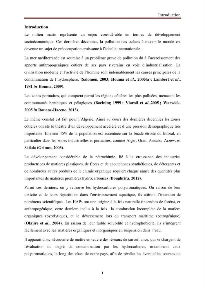 Evaluation de l\'état de la pollution par les hydrocarbures polyaromatiques dans les eaux et sédiments de la baie de Bou-Ismail
