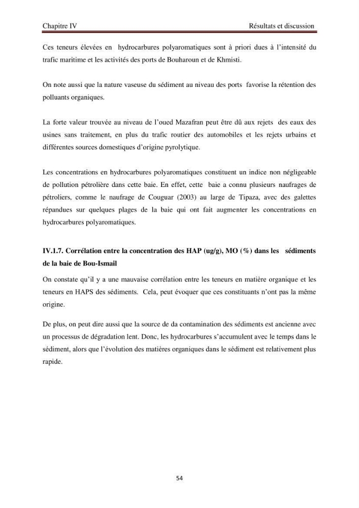 Evaluation de l\'état de la pollution par les hydrocarbures polyaromatiques dans les eaux et sédiments de la baie de Bou-Ismail