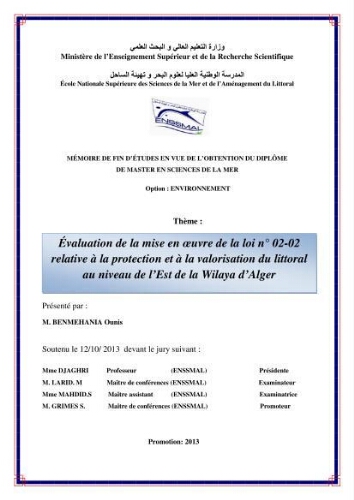 Evaluation de la mise en oeuvre de la loi n°02-02 relative à la protection et à la valorisation du littoral au niveau de l'Est de la wilaya d'Alger: Evaluation de la mise en oeuvre de la loi n°02-02 relative à la protection et à la valorisation du littoral au niveau de l'Est de la wilaya d'Alger:
