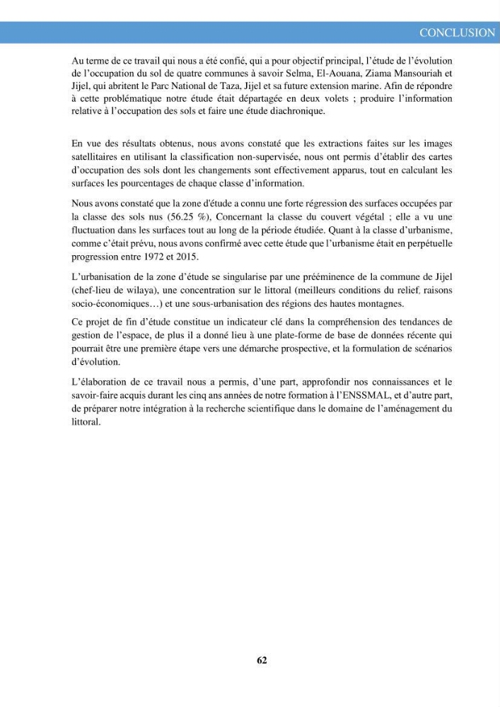 L\'évolution de l\'occupation du sol de la zone côtière du Parc National de Taza Jijel
