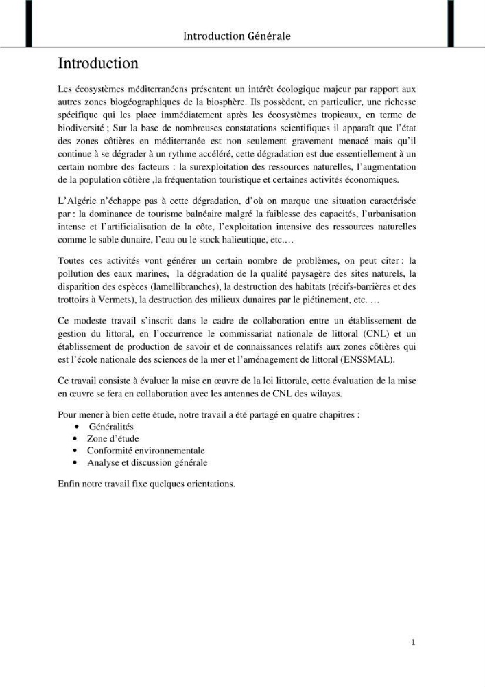 Evaluation de l\'état de mise en oeuvre de la loi 02-02 du 5 février 2002 relative à la protection et à la valorisation littorale dans la wilaya de Chlef \"secteur est\"