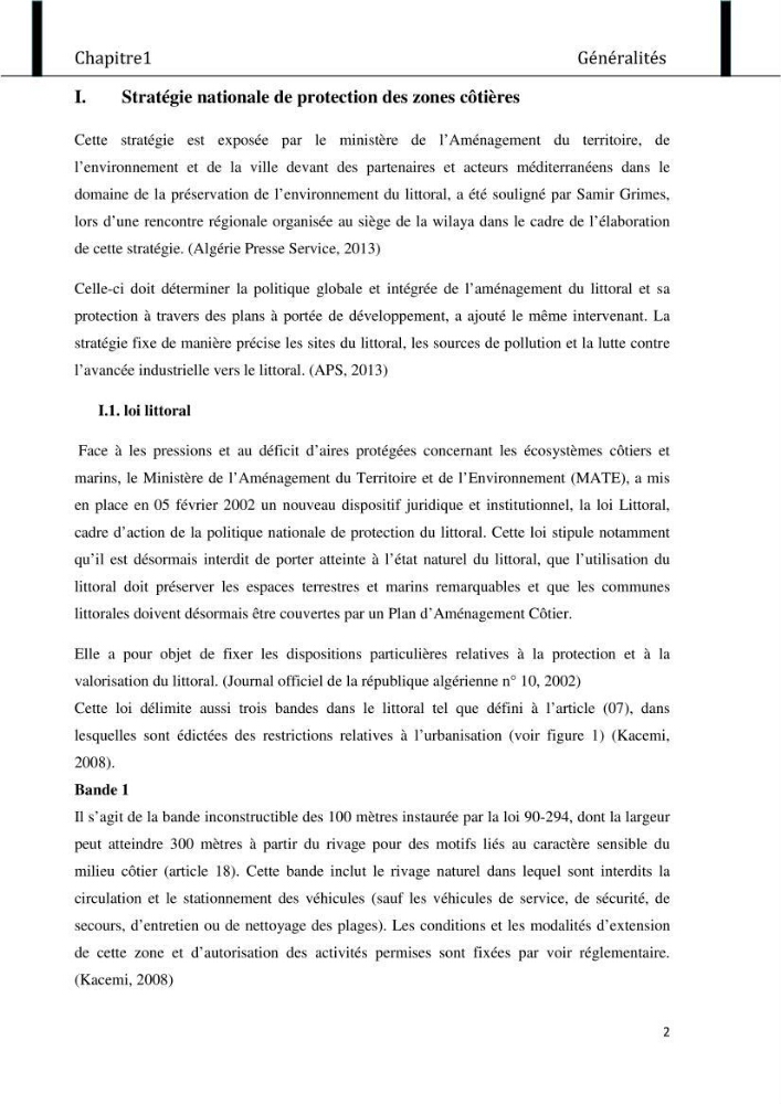 Evaluation de l\'état de mise en oeuvre de la loi 02-02 du 5 février 2002 relative à la protection et à la valorisation littorale dans la wilaya de Chlef \"secteur est\"