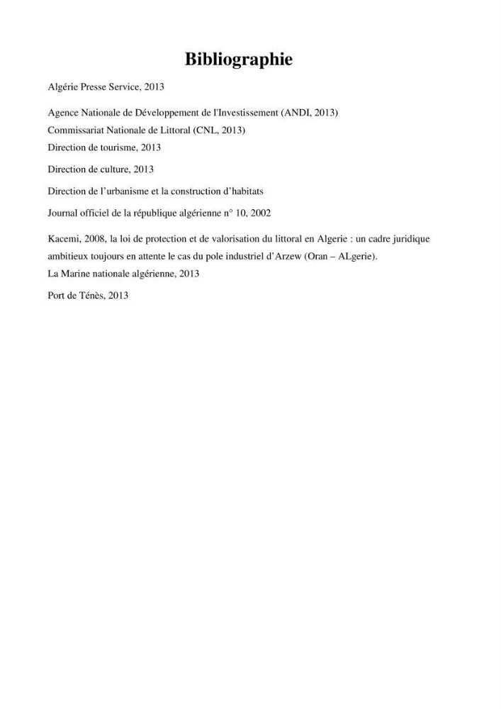 Evaluation de l\'état de mise en oeuvre de la loi 02-02 du 5 février 2002 relative à la protection et à la valorisation littorale dans la wilaya de Chlef \"secteur est\"