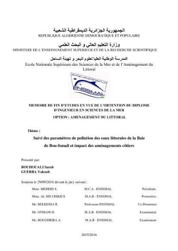 Suivi des pramètres de pollution des eau littorles de de la Baie de Bou-Ismail et impact des aménagemnts coties Suivi des pramètres de pollution des eau littorles de de la Baie de Bou-Ismail et impact des aménagemnts coties